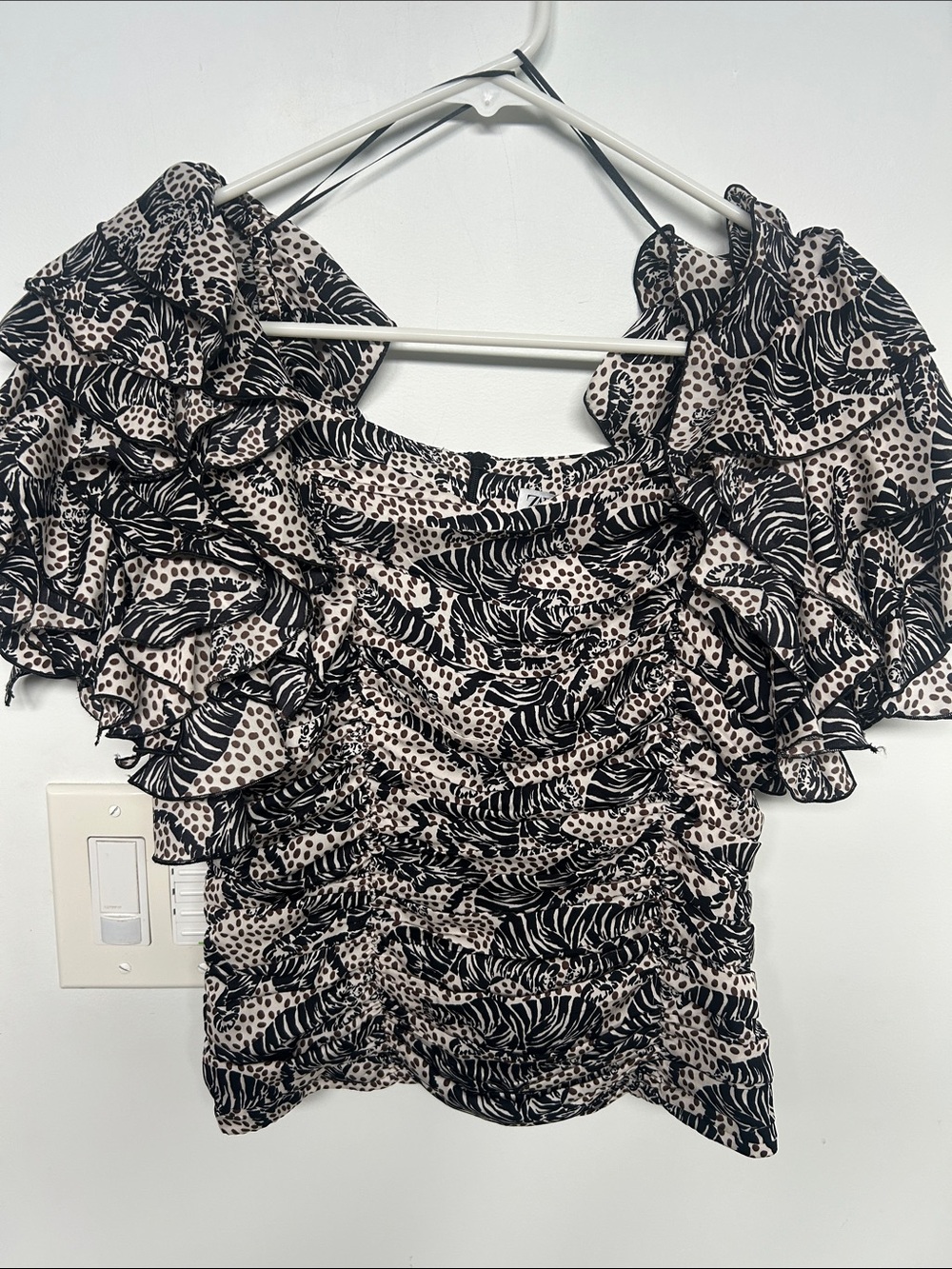 Zara Tiger Print Ruffle Top in Black and Cream